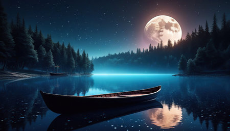 Fantasy landscape with boat on the lake at night and full moonの素材