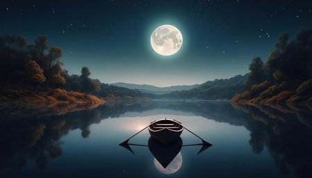 Fantasy landscape with boat on the lake at night and full moonの素材