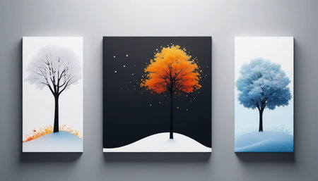 Set of posters with autumn trees and falling snow. Vector illustration.の素材