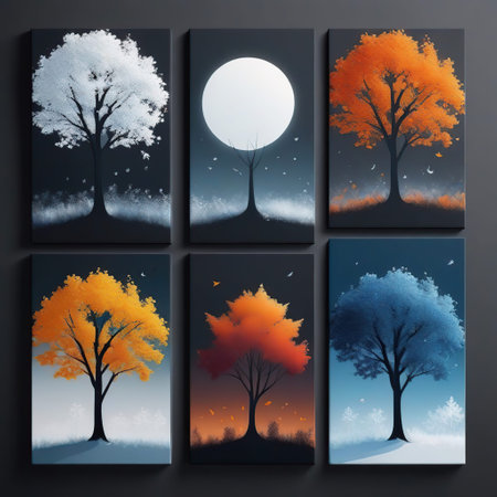 Set of autumn trees with falling snow and moon. Vector illustration.の素材