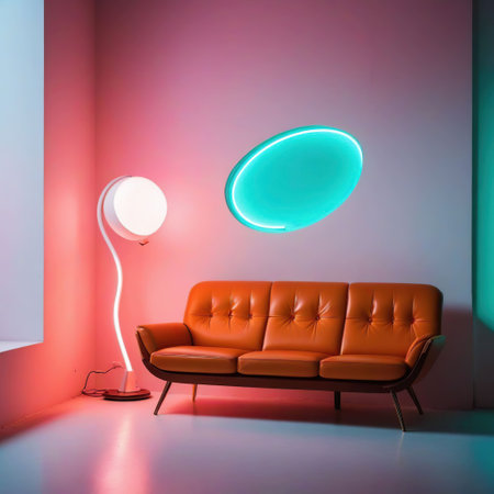 Interior of a modern living room with orange sofa and round lampの素材
