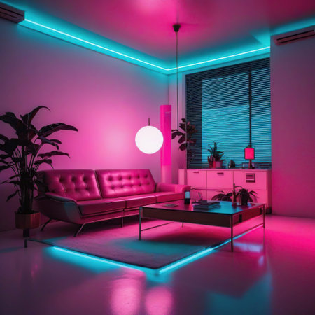 Interior of modern living room with pink and blue lighting. 3d renderingの素材