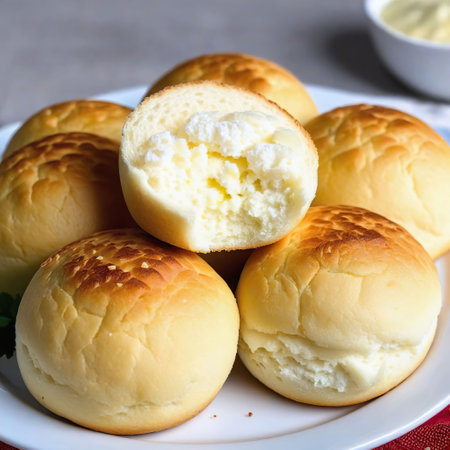 Bread rolls with cottage cheese and sour cream on a white plateの素材