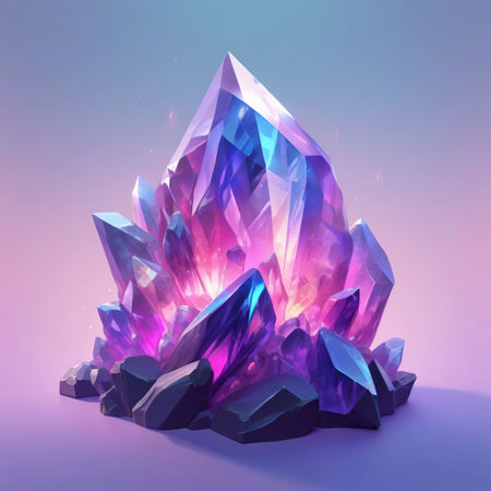 amethyst crystal on a blue background. 3d render illustration.の素材