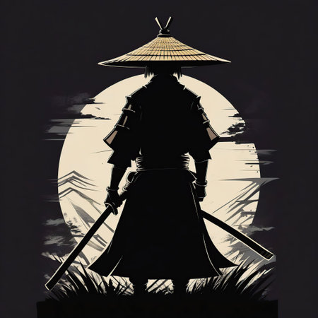 Illustration of japanese samurai in front of the full moonの素材