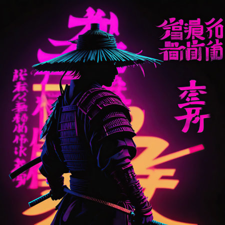 Illustration of a Japanese samurai on a black background with chinese charactersの素材