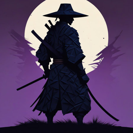 Silhouette of a samurai in full moonlight. Vector illustration.の素材