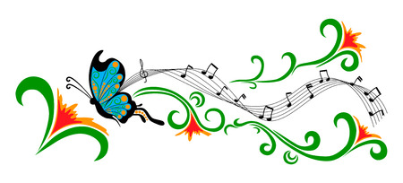 Blue butterfly and red flowers with musical notesのイラスト素材