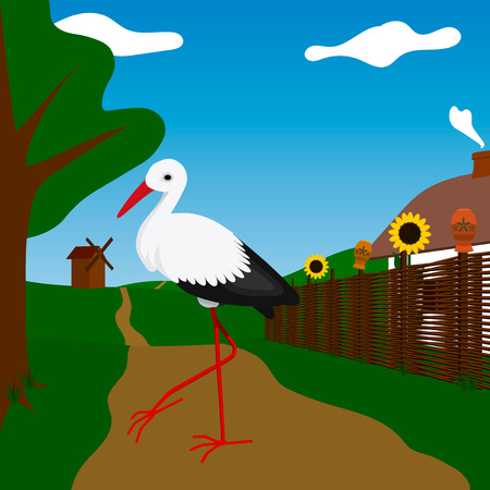 Stork near white house with fenceのイラスト素材