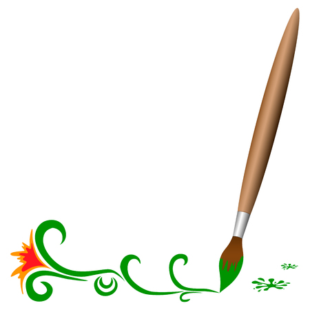Wooden brush with green doodle flowersのイラスト素材