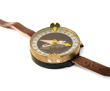 Photo of vintage brass compass isolated on white backgroundの写真素材