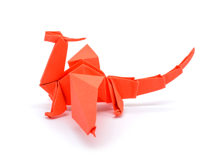 Photo of beautiful origami red gragon isolated on white backgroundの写真素材