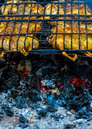 Photo of delicious beautiful quail bird barbecue fried on charcoal in the parkの写真素材