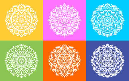 set of white mandala art round decorative texture design with multicolor backgroundのイラスト素材