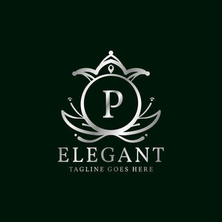 letter P elegant leaves and crown crest vector logo designのイラスト素材