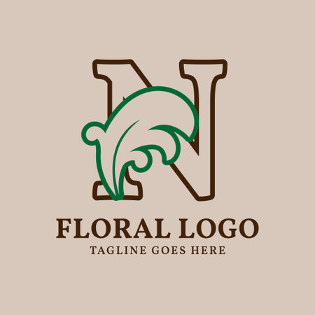 letter N floral outlined vintage leaf color vector logo designのイラスト素材