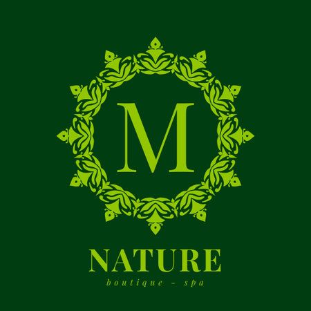letter M nature border wreath initial logo for boutique spa and beauty wellnessのイラスト素材