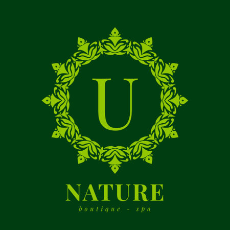 letter U nature border wreath initial logo for boutique spa and beauty wellnessのイラスト素材
