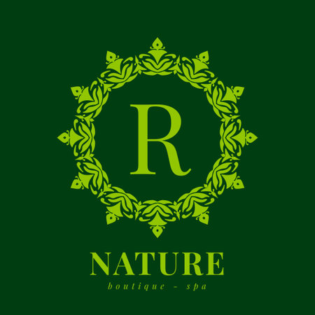 letter R nature border wreath initial logo for boutique spa and beauty wellnessのイラスト素材