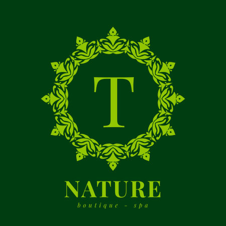 letter T nature border wreath initial logo for boutique spa and beauty wellnessのイラスト素材