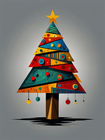 Christmas tree made of colorful geometric shapes on grey background. Vector illustration.の素材