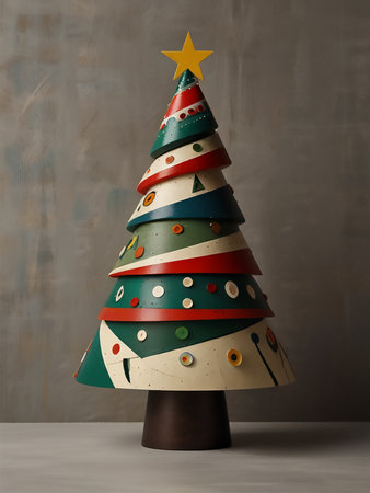 Christmas tree made of colorful paper on grey background, 3d illustrationの素材