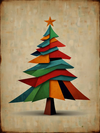Christmas tree made of colored paper on old paper background, retro styleの素材