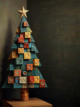 Christmas tree made of wooden blocks on a dark background. 3d renderの素材