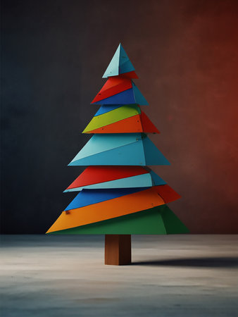 Christmas tree made of colorful paper on wooden table. 3D renderingの素材