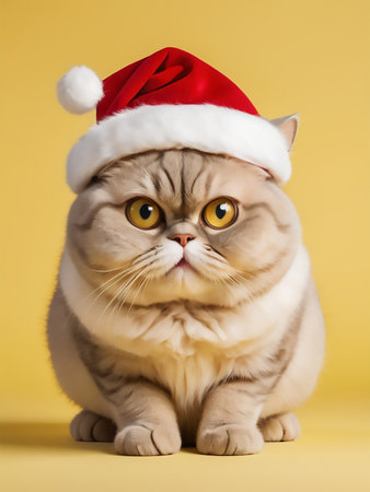 cute scottish fold cat with santa hat on yellow backgroundの素材