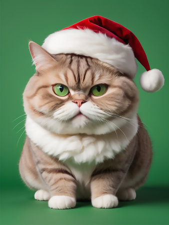 Cute cat in a Santa Claus hat on a green background.の素材