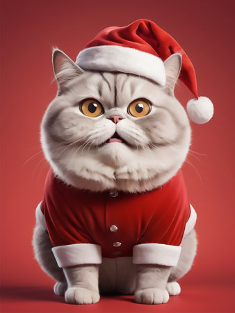 Cute cat in Santa Claus clothes on red background. Christmas concept.の素材