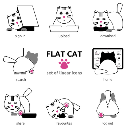 Flat cat - set of linear cute vector iconsのイラスト素材