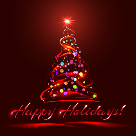 Xmas colorful tree. Stars, ribbons, balls and text with glow effect, on red background. Vector christmas template for website or greeting card.のイラスト素材