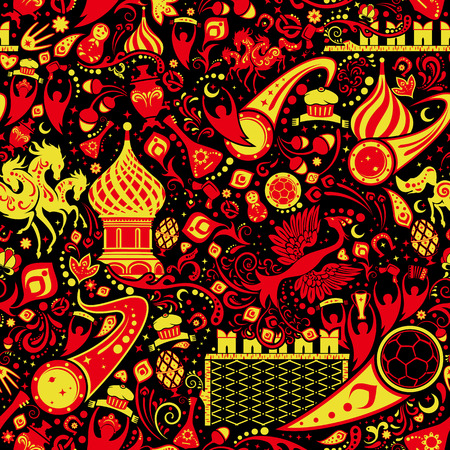 Russian hohloma seamless pattern, world of Russia background with modern and traditional elements, vector illustrationのイラスト素材