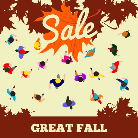 Autumn sale, great fall, advertising banner for retail event, top view people walk illustration.のイラスト素材
