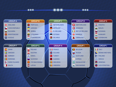 Groupes table, draw results, flags of countries participating to the international tournament in Europe, 2020 qualify, vector illustrationのイラスト素材