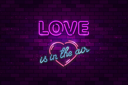 Love is in the air, Valentine's day neon letters decoration, magic poster for event party, vector illustrationのイラスト素材