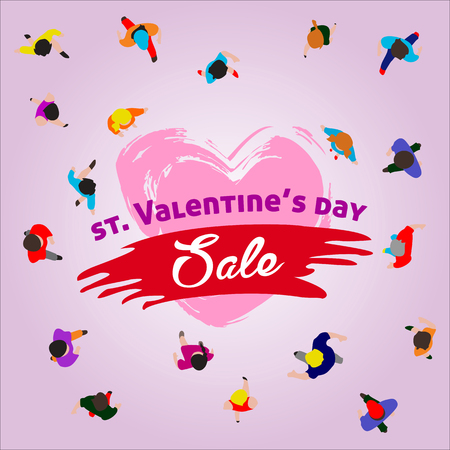 St. Valentine's day sale banner, top view people running to holiday event, vector illustrationのイラスト素材