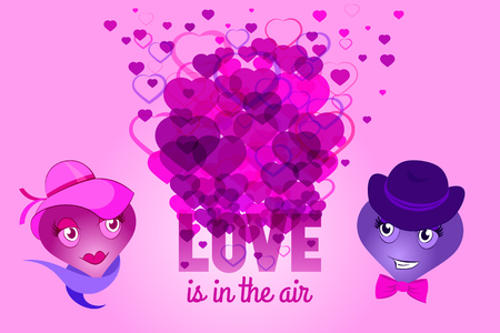 Love is in the air - greeting card for st. Valentine's day celebration. Girl and boy heart characters. Vector template.のイラスト素材