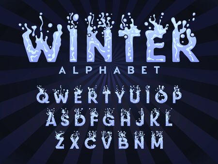 Winter alphabet - liquid letters set, creative splash font with drops and bubbles, xmas concept, christmas flowing letter for title, vector illustrationのイラスト素材