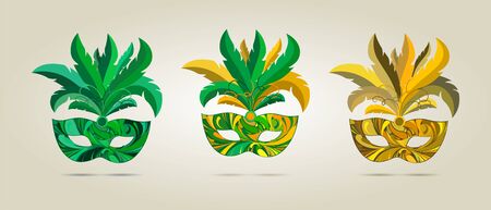 Green and yellow carnival mask set with nice feathers. Vector illustration.のイラスト素材