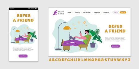 Referral marketing landing page, refer a friend loyalty program, social media promotion. Man at home with smartphone, vector illustration.のイラスト素材