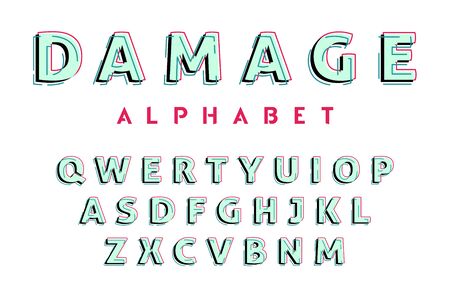 Glitch style alphabet. Vector decorative typography. Letter collection for headline, title, logo and other projects. Linear font.のイラスト素材