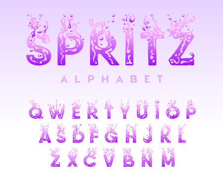 Liquid alphabet - water letters set, creative splash font with drops and bubbles, aqua concept, flowing letter for title, vector illustrationのイラスト素材