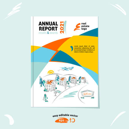 Brochure template, cover design, annual report, magazine layout with hand drawn suburb picture, vector illustration for real estate projectのイラスト素材
