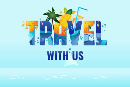 Travel with us - banner, tropical vacation concept, vector template illustrationのイラスト素材