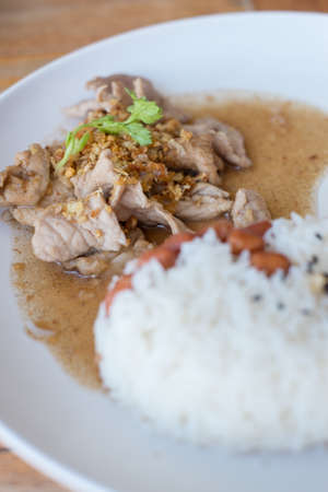 Rice with fried sliced pork with garlic and black pepper.の写真素材