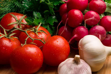 Fresh vegetables tomatoes, radishes, parsley and garlicの写真素材
