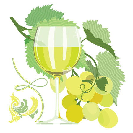 Glass of white wine, grapes, grape leaves, ornamental, flat illustrationのイラスト素材